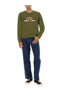 Kenzo men’s slim fit olive green sweatshirt with embroidered tiger graphic and detailed stitching