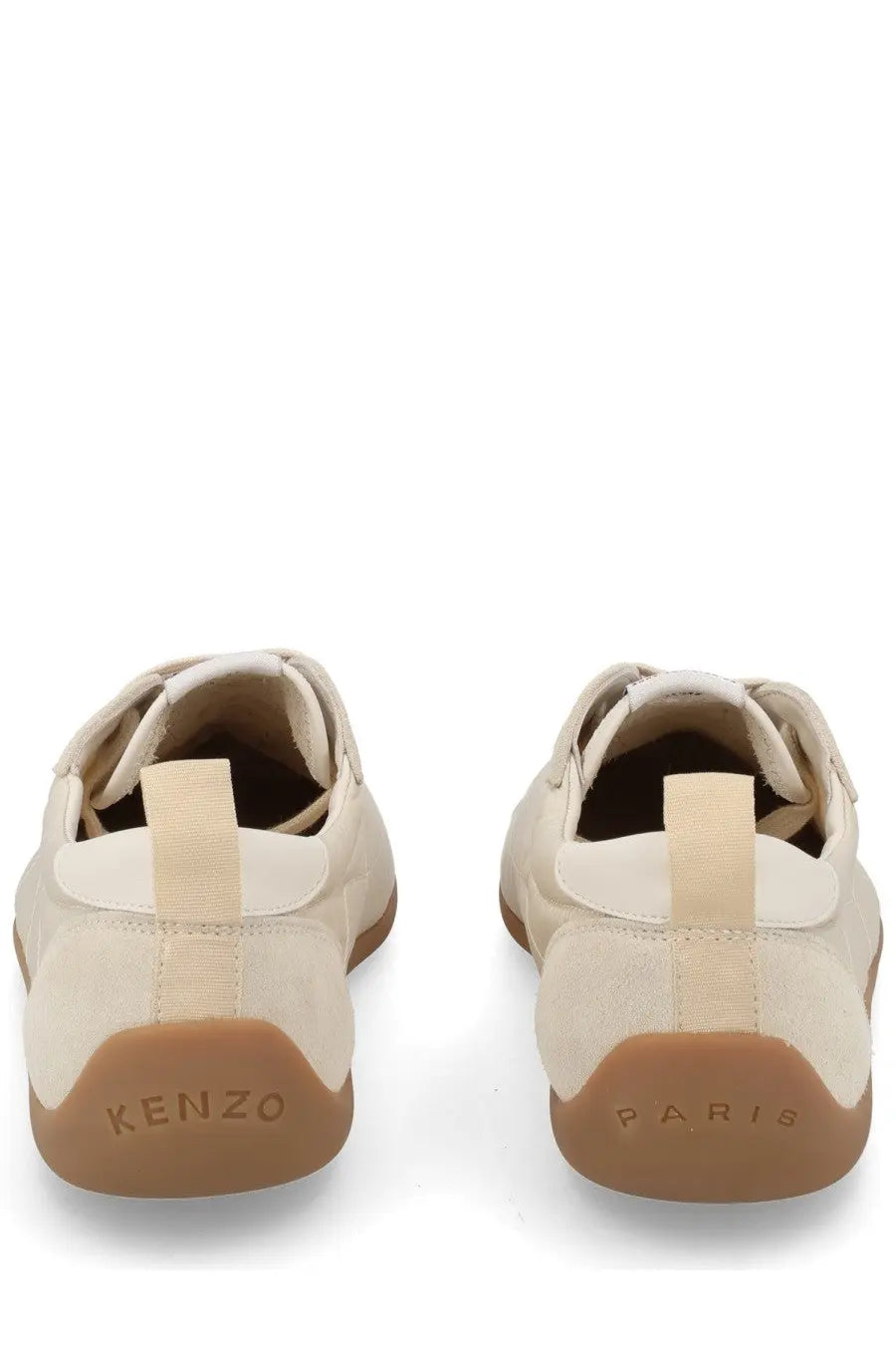 Kenzo men’s kenzo striker sneaker pink beige suede with tan rubber sole and matching pull tabs visible from the back