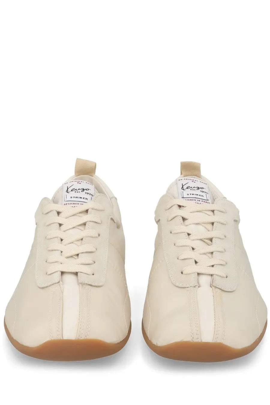 Kenzo men’s kenzo striker sneaker in cream suede with tan rubber sole and white laces for casual wear