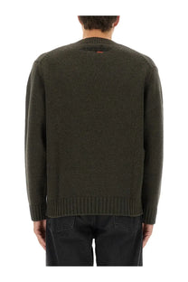 Kenzo men’s dark olive green knitted sweater with ribbed cuffs and hem featuring a small red logo at neckline