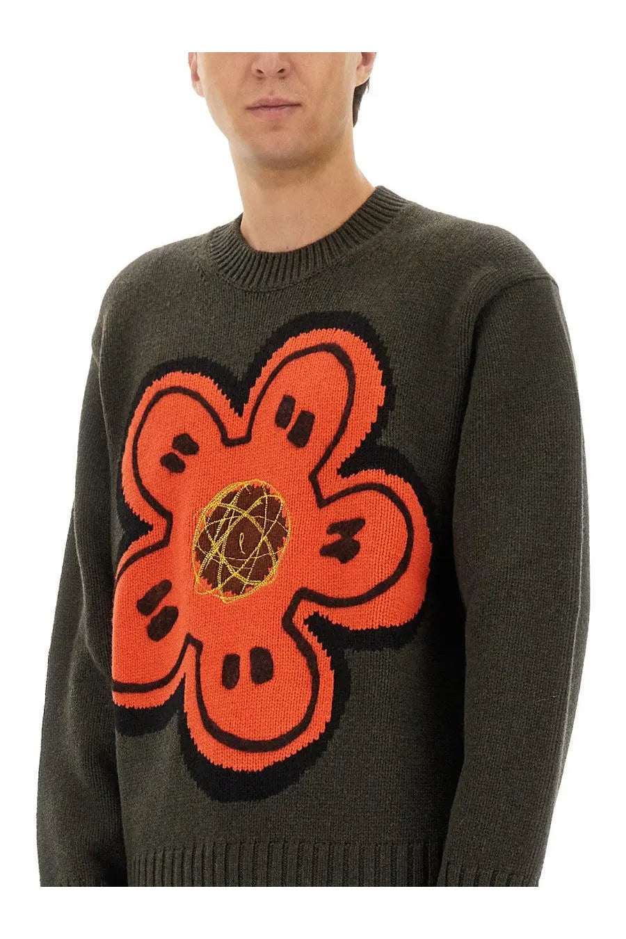 Kenzo men’s olive green knit sweater with bold orange and black embroidered flower featuring a yellow geometric center