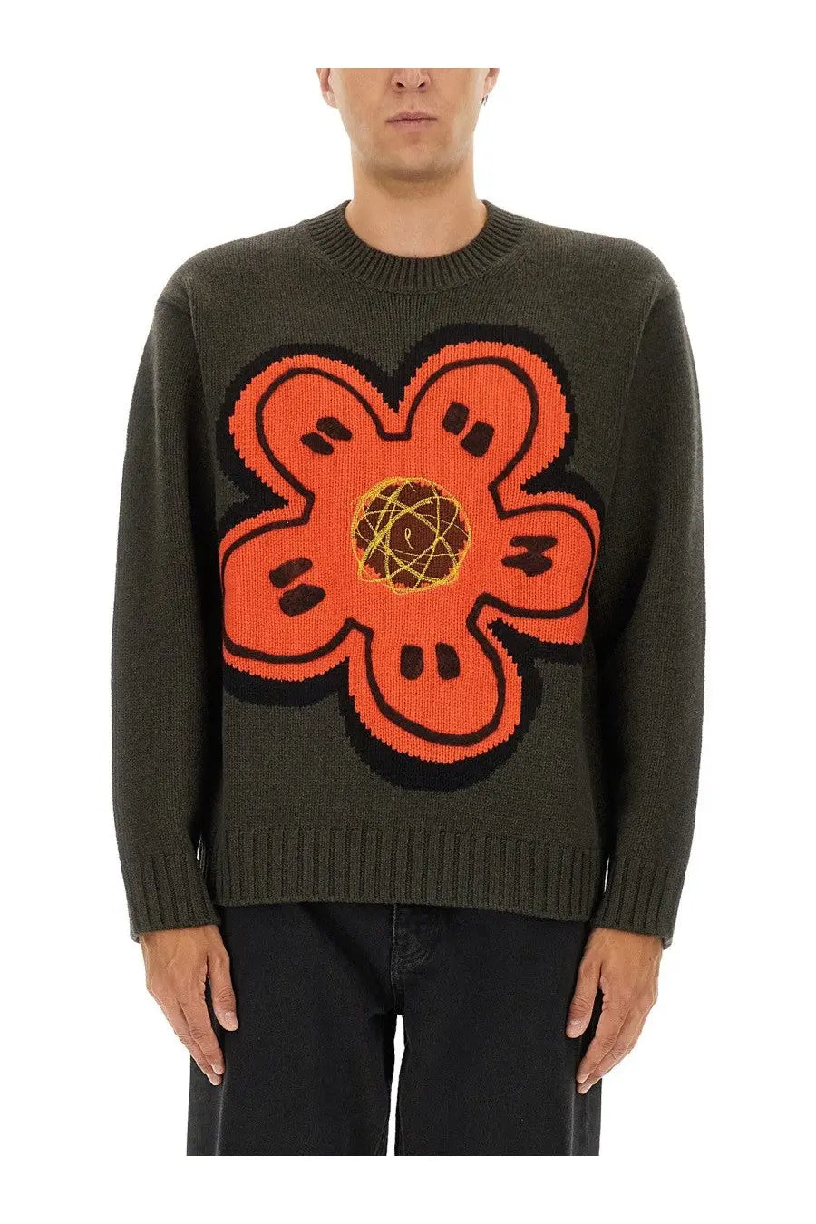 Kenzo men’s olive green knit sweater with a bold orange flower and yellow geometric center design