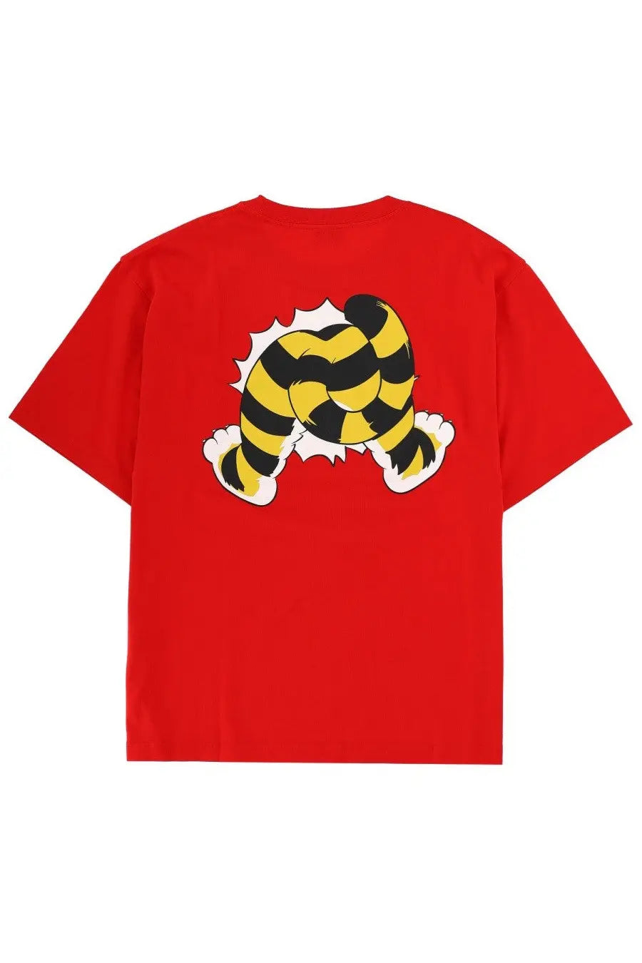 Kenzo men’s red short-sleeved t-shirt with bold yellow and black striped tiger legs graphic bursting through fabric