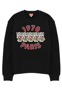 Kenzo men’s black sweatshirt with bold red 1970 paris text and embroidered wild tiger faces across the front