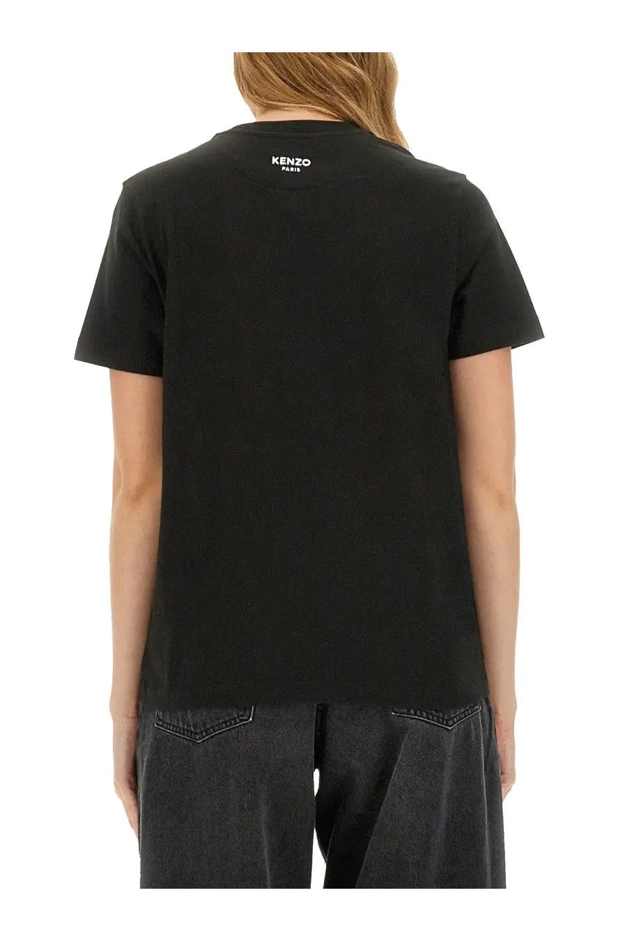 Black short-sleeved cotton t-shirt with Kenzo Paris logo at neckline from Kenzo women’s Boke Flower Pin Shirt collection
