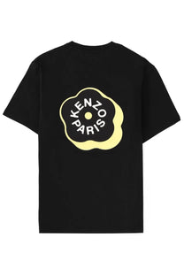 Kenzo women’s black short-sleeved t-shirt with bold yellow and white kenzo paris logo on the front