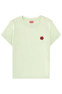 Kenzo women’s green short sleeved t shirt with small red embroidered flower and red kenzo label at neckline