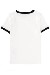 Kenzo women’s boke flower white short-sleeved t-shirt with black ribbed trim on neckline and sleeve cuffs