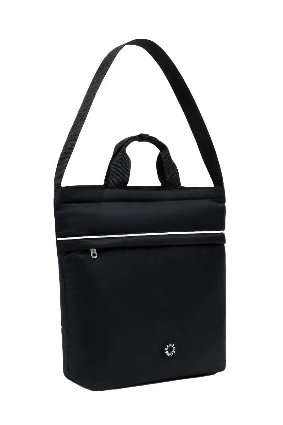 Kenzo women’s boke flower tote bag black nylon shoulder bag with white zipper trim and circular logo patch