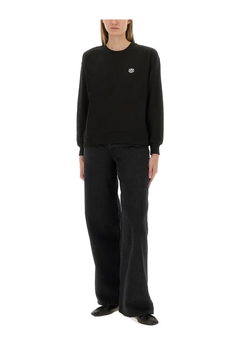 Kenzo women’s black cotton sweatshirt with long sleeves and small embroidered logo on left chest