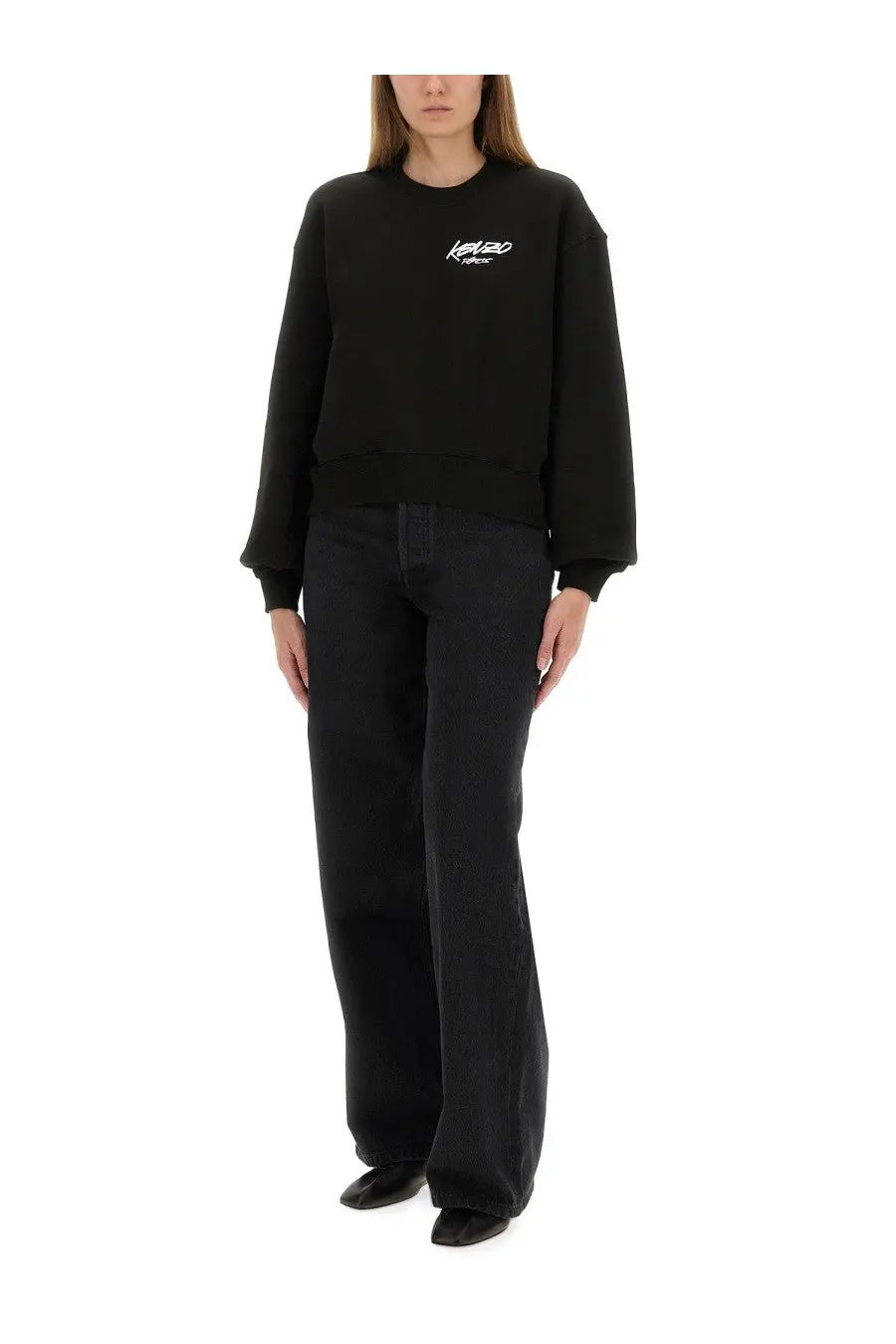 Kenzo women’s black oversized sweatshirt with white embroidered logo on chest in soft cotton blend material