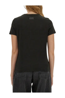 Kenzo women’s black short-sleeved t-shirt with white embroidered kenzo paris logo at the neckline
