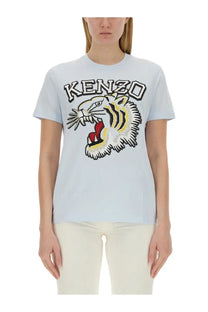 Kenzo women’s light blue t-shirt with bold embroidered tiger graphic in black yellow and red accents