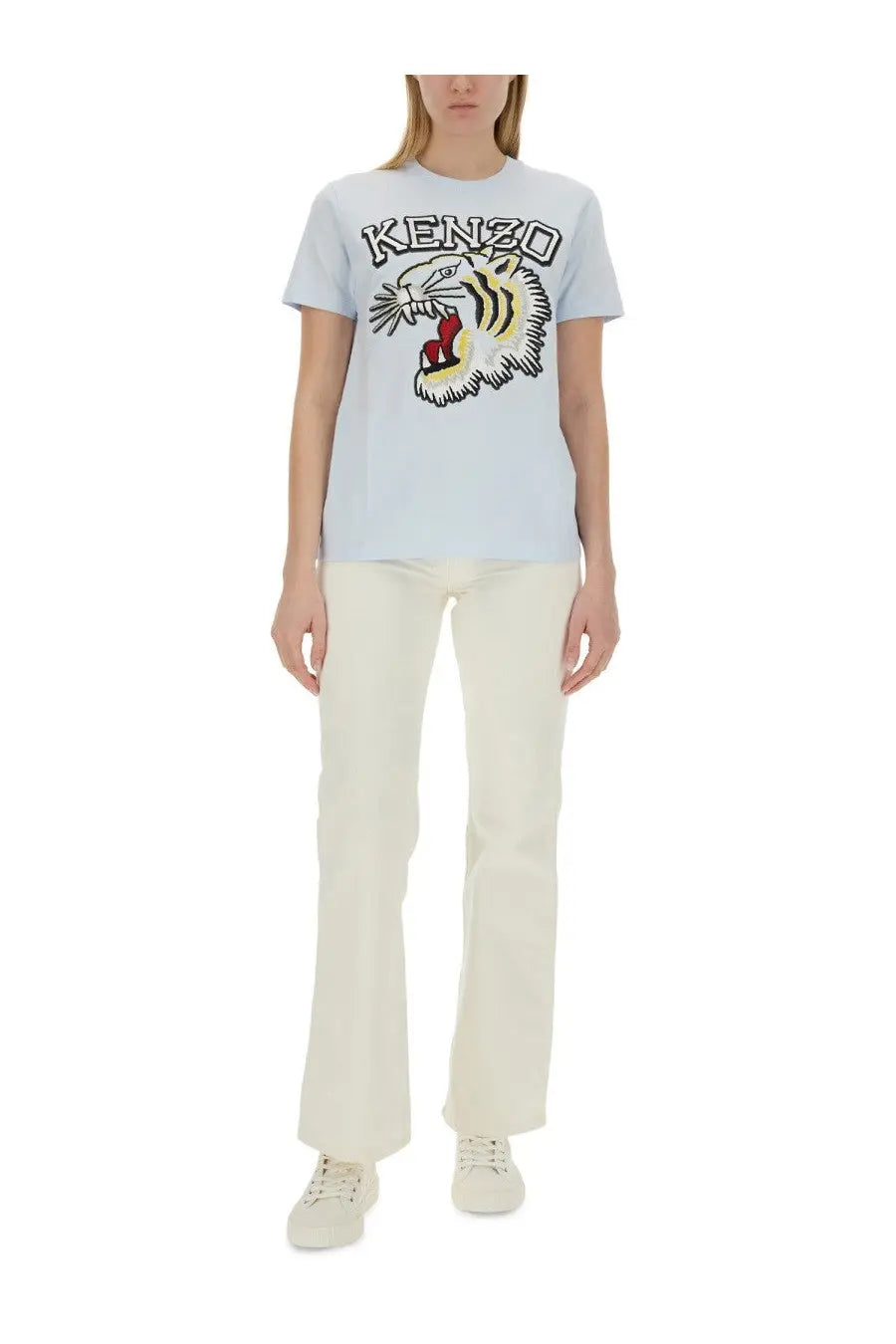 Kenzo women’s light blue cotton t-shirt featuring a bold embroidered tiger graphic with red and yellow accents