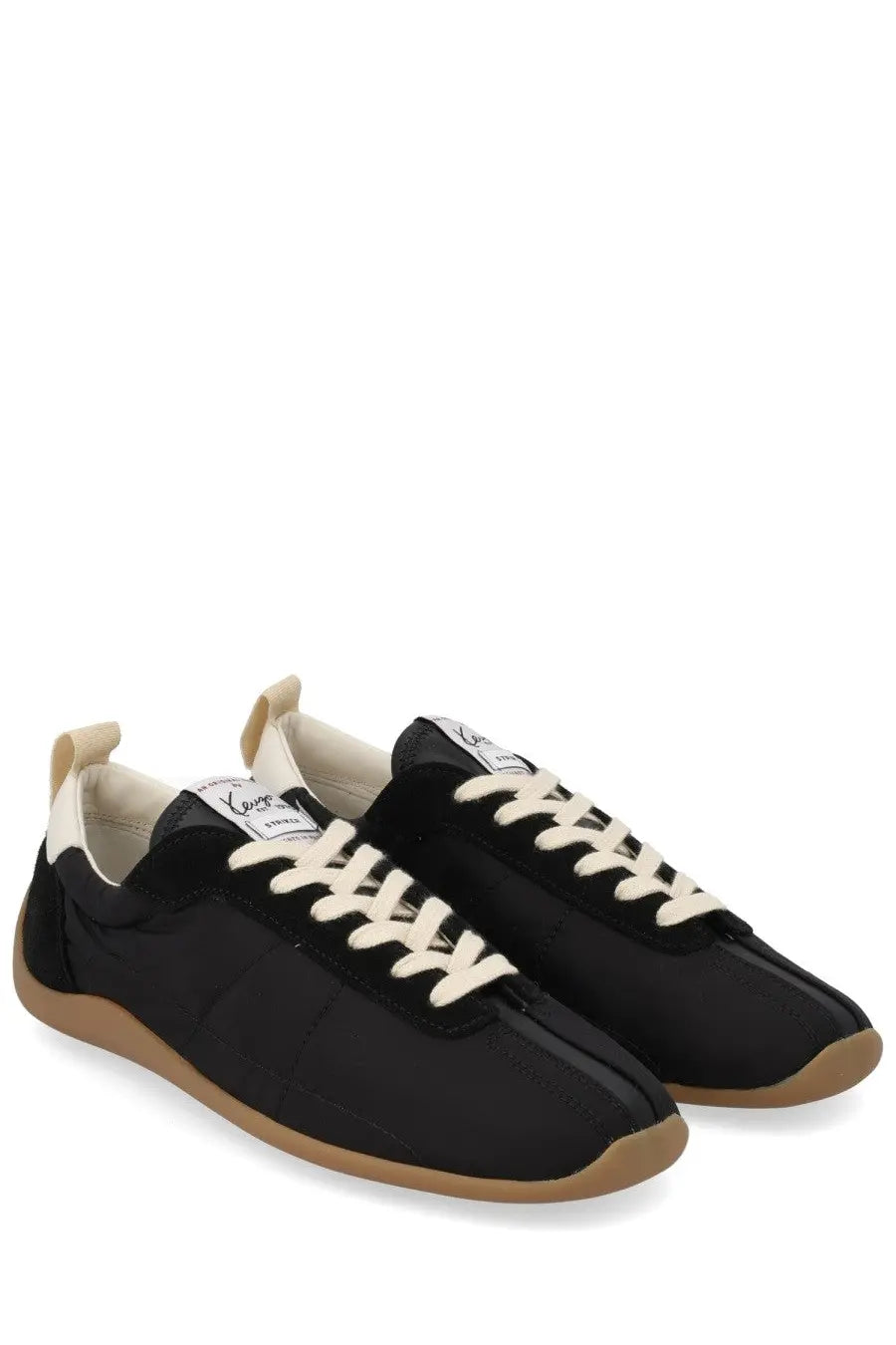 Kenzo women’s kenzo striker sneaker black with cream laces tan rubber sole minimalist black canvas design