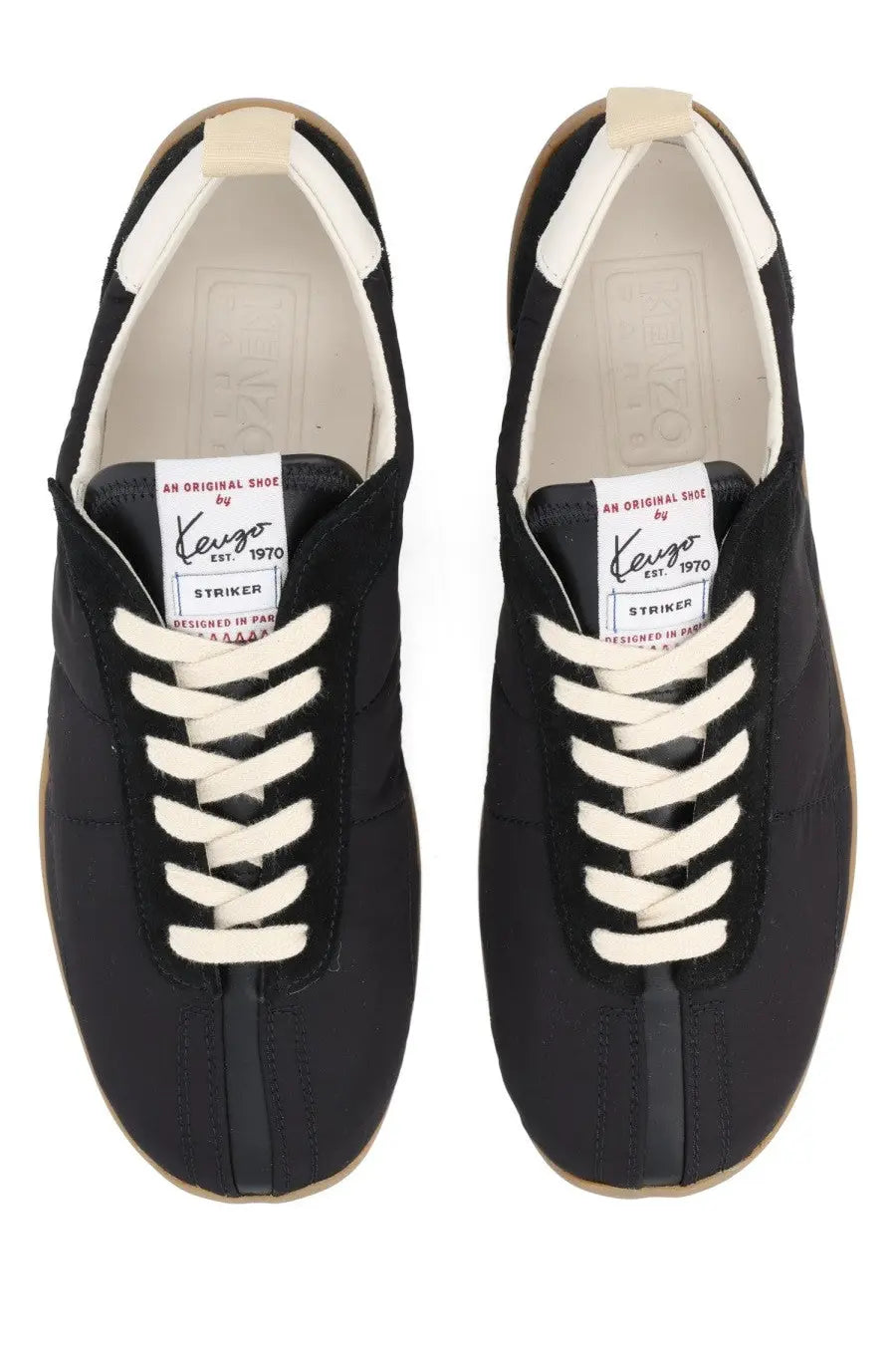 Kenzo women’s kenzo striker sneaker black black canvas with white laces beige rubber sole and kenzo striker label inside
