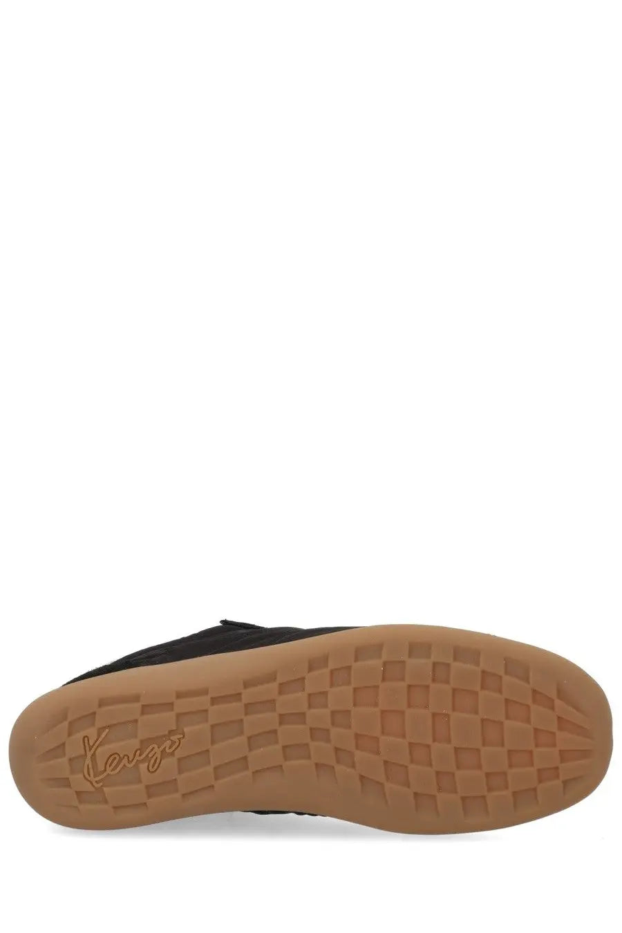 Kenzo women’s kenzo striker sneaker black slip-on with tan rubber sole checkered pattern and embossed logo on heel back view