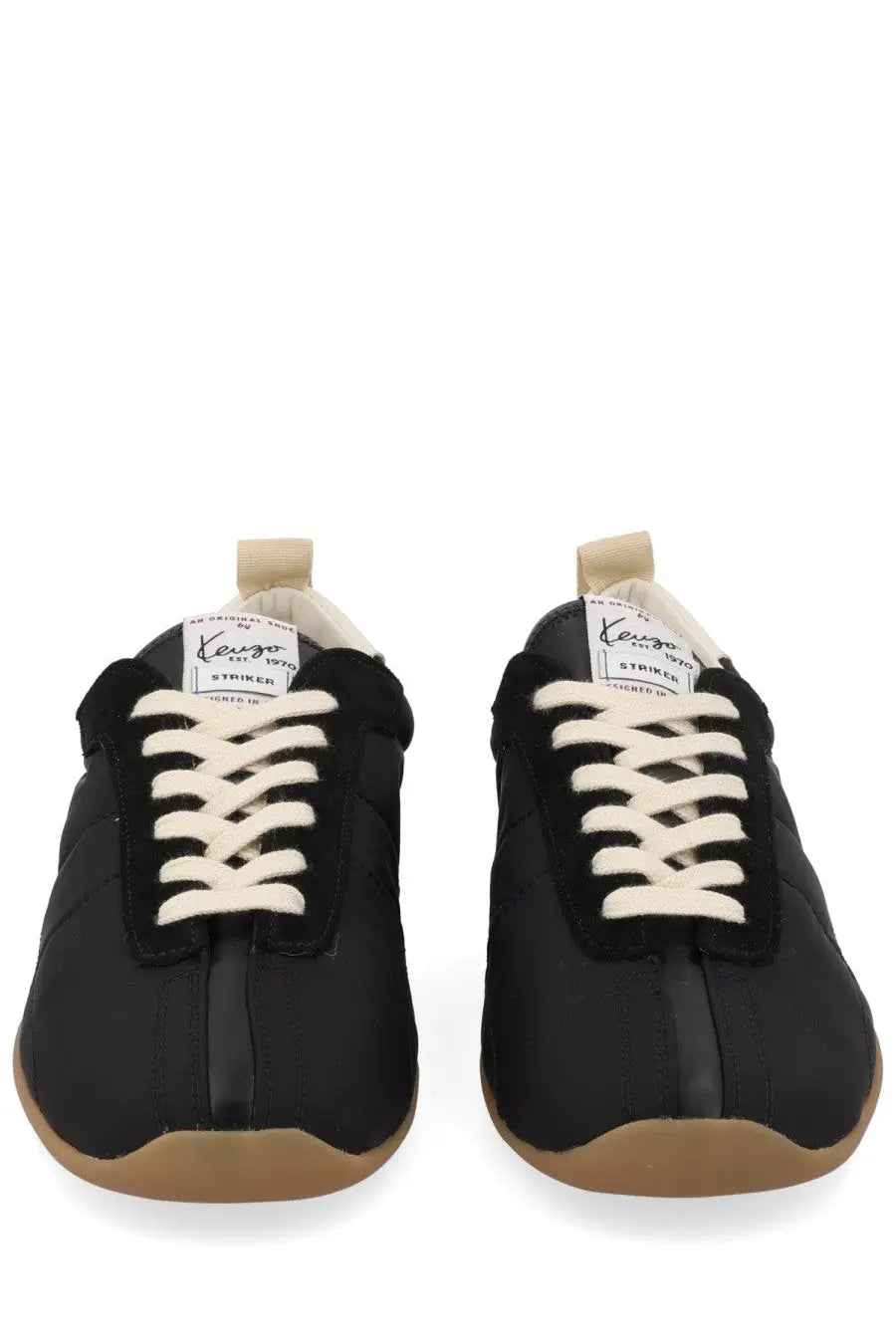 Kenzo women’s Kenzo striker sneaker black with cream-colored laces and gum rubber sole in sneaker design