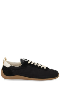Kenzo women’s Kenzo Striker sneaker black low-top black suede with cream laces and tan rubber sole front view