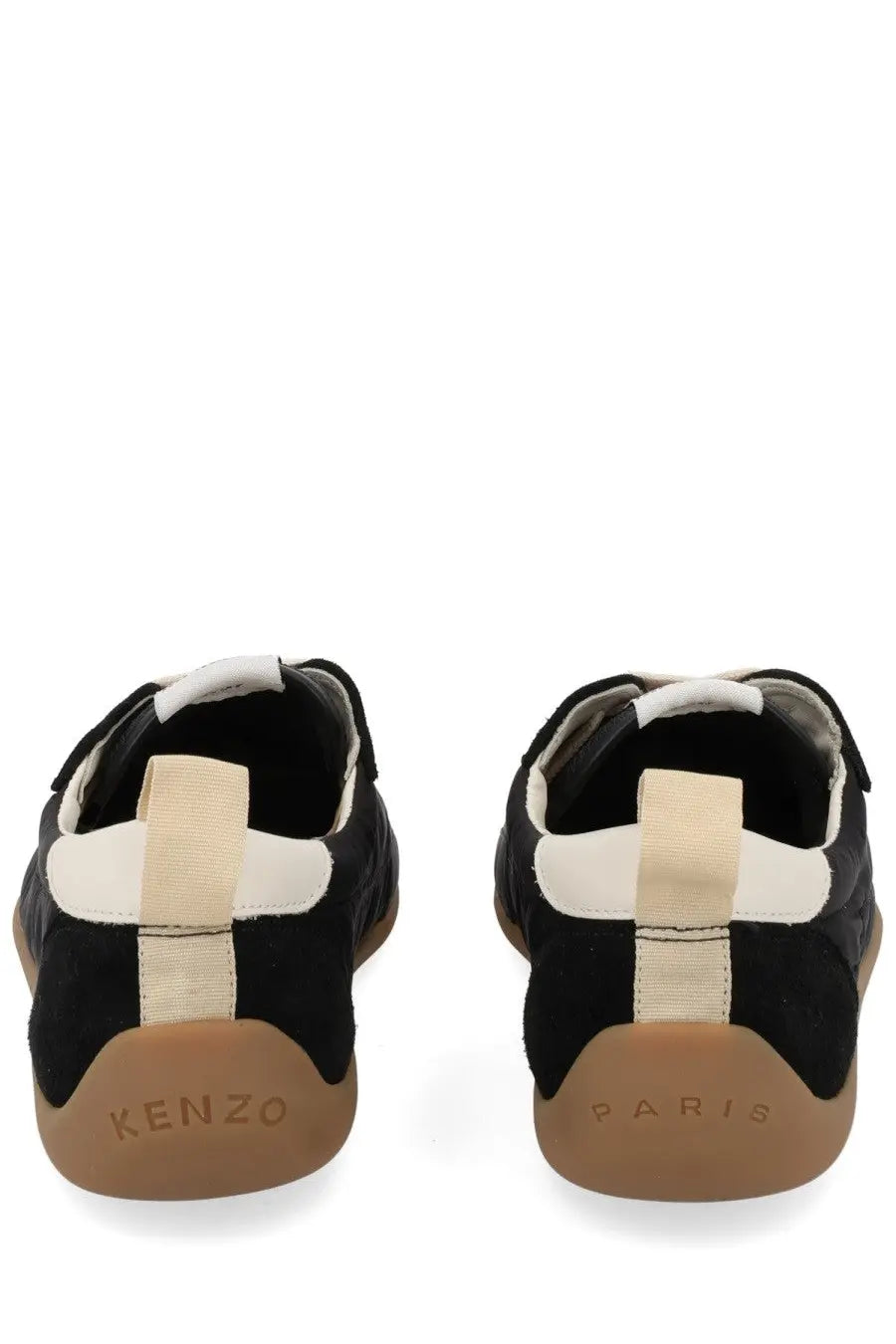 Kenzo women’s Kenzo striker sneaker black suede with cream-colored velcro straps and rubber soles front view