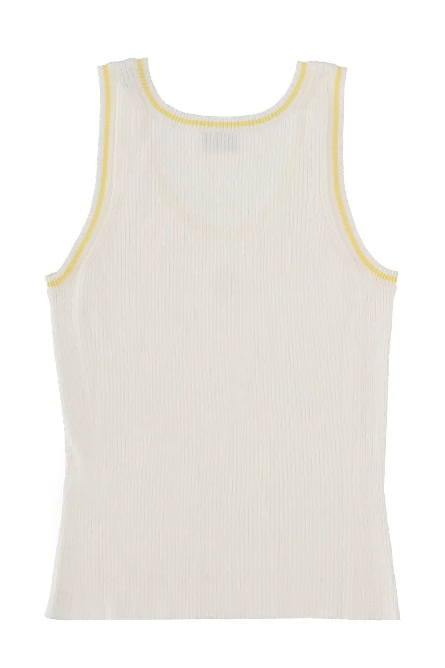 Kenzo women’s cream-colored ribbed knit sleeveless tank top with subtle yellow trim on neckline and armholes
