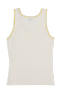 Kenzo women’s cream-colored ribbed knit sleeveless tank top with subtle yellow trim on neckline and armholes