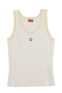 Kenzo women’s cream ribbed knit tank top with yellow trim and circular embroidered logo boke flower white