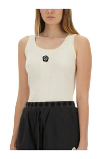 Kenzo women’s cream-colored ribbed knit tank top with black embroidered patch on the chest in white color