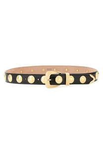 Khaite women’s black leather belt with gold-tone circular studs and matching buckle for stylish wear