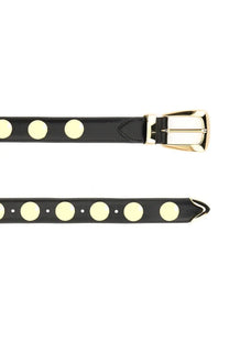 Khaite women’s belt benny black featuring black leather with cream circular studs and gold tone buckle