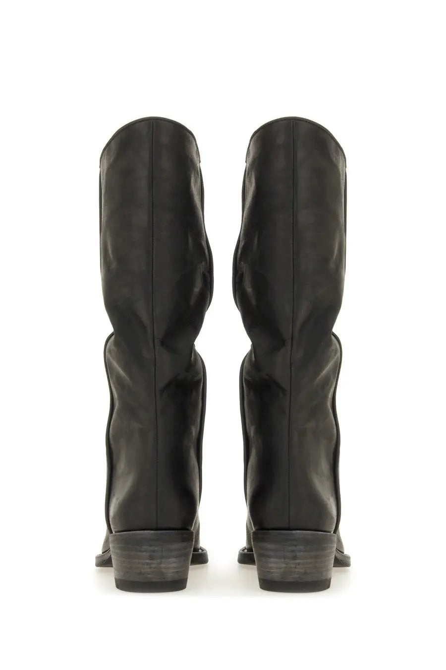 Khaite women’s black leather knee-high boots with matte finish and low block heels shown from the back side