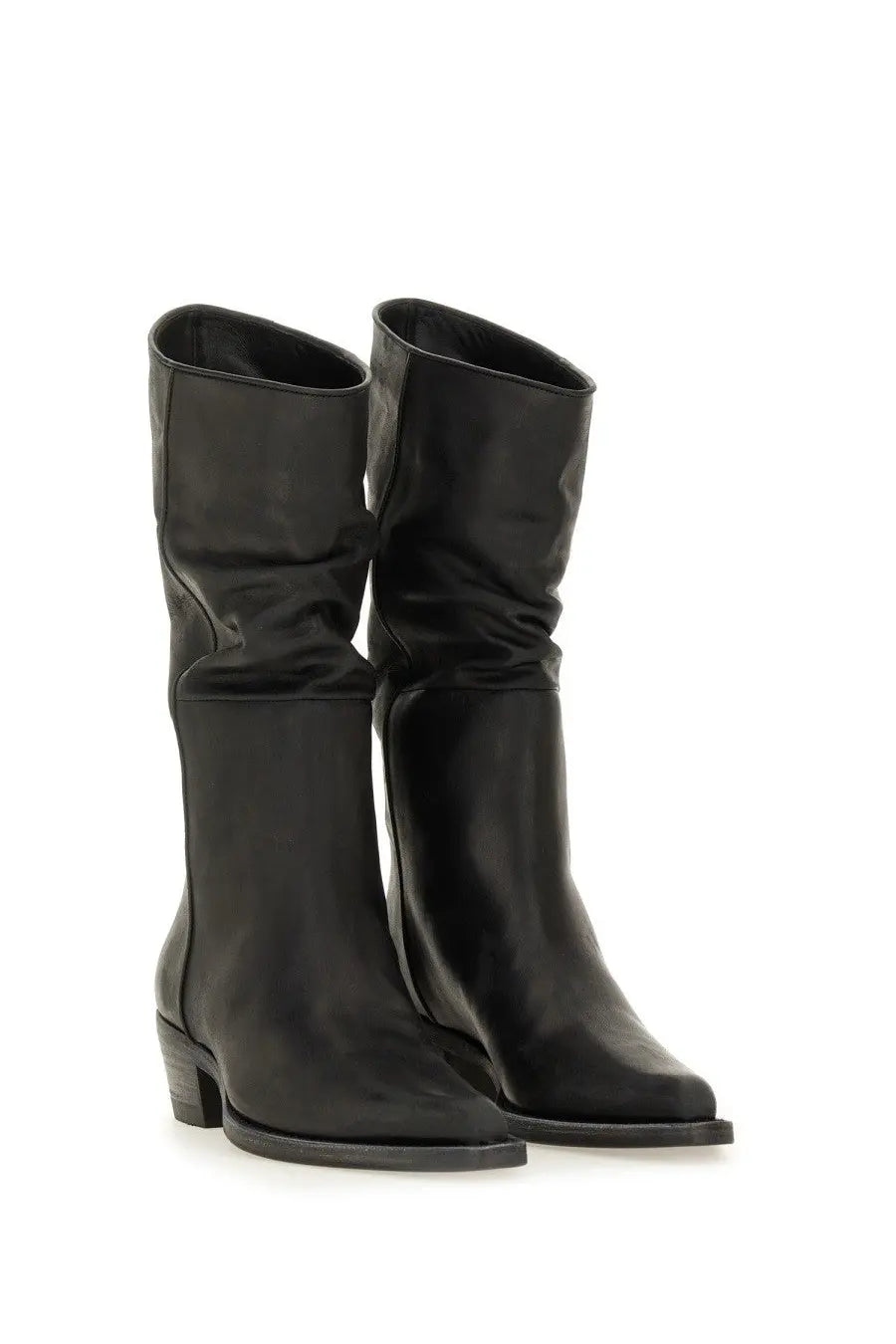 Khaite women’s boot clive black black leather knee-high boots with distressed finish and low block heel