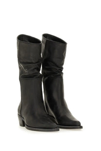 Khaite women’s boot clive black black leather knee-high boots with distressed finish and low block heel