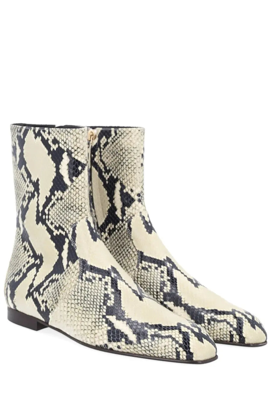 Khaite women’s boot colt multicolor cream and black snake-print ankle boots with sleek pointed toe design