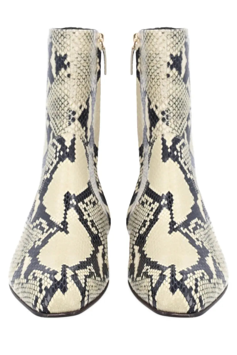 Khaite women’s boot colt ankle boots in cream and black snake print with a sleek pointed toe design