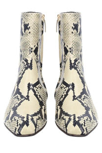 Khaite women’s boot colt ankle boots in cream and black snake print with a sleek pointed toe design