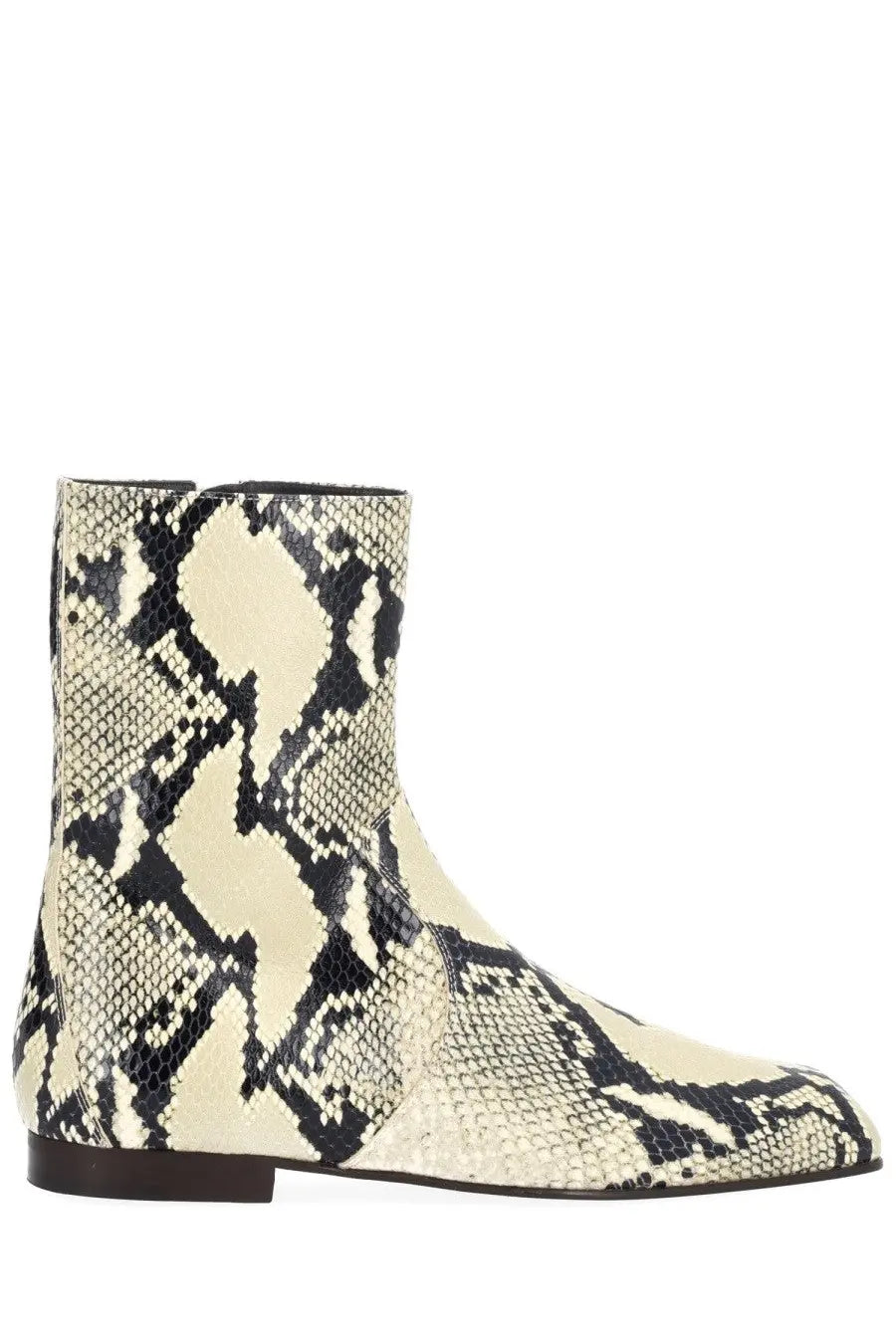 Cream and black snake print leather ankle boot by khaite womens boot colt multicolor showing side view