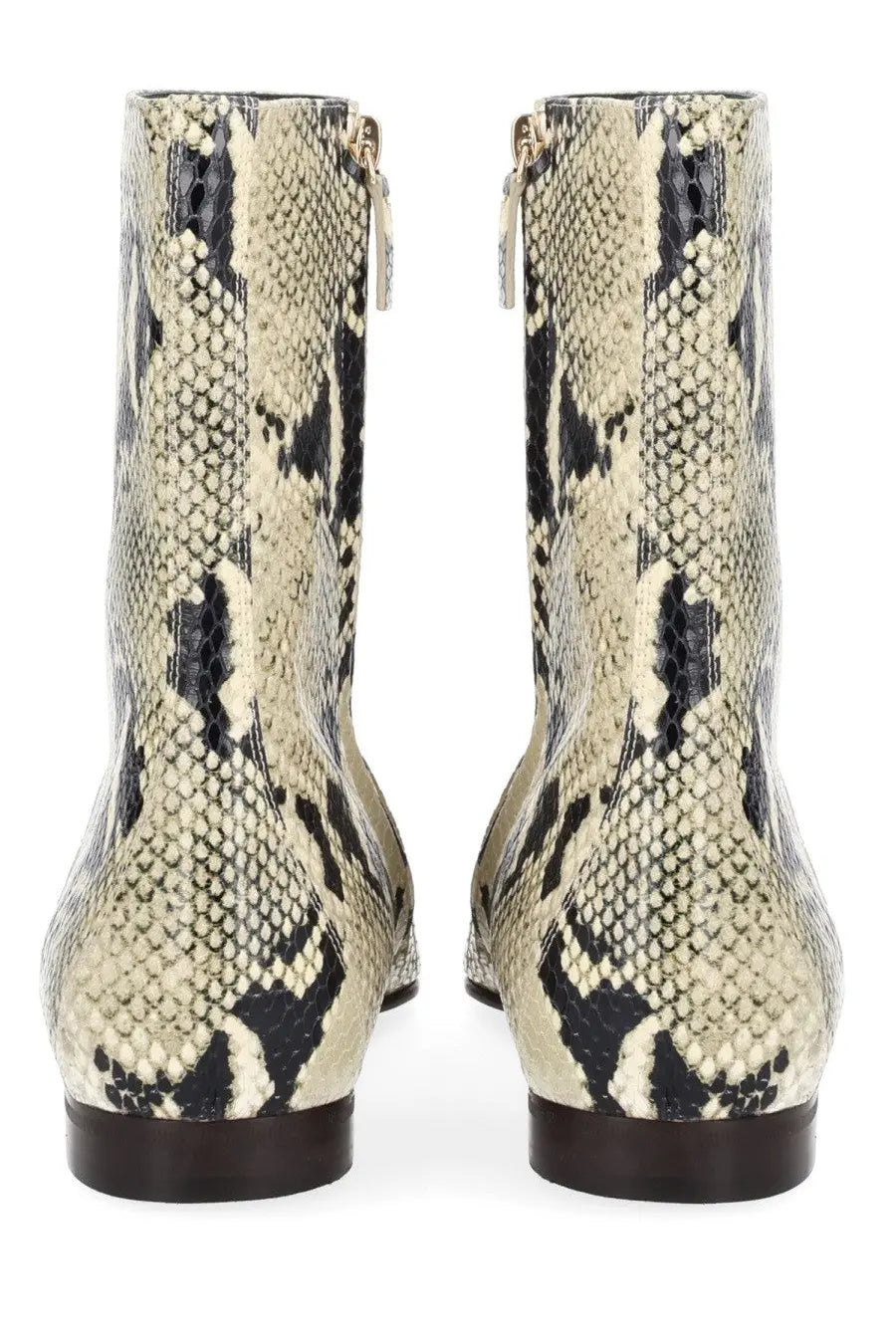 Khaite women’s boot colt multicolor snake-print ankle boots in cream and black faux leather