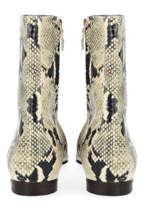 Khaite women’s boot colt multicolor snake-print ankle boots in cream and black faux leather