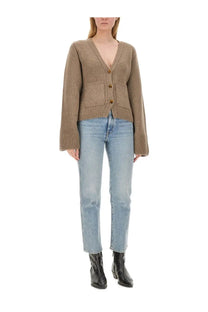 Khaite women’s taupe knitted cardigan with v-neck front button closure and two patch pockets in scarlet beige