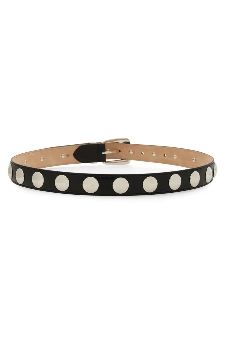 Khaite women’s cintura benny black leather belt with glossy white circular studs and metallic buckle