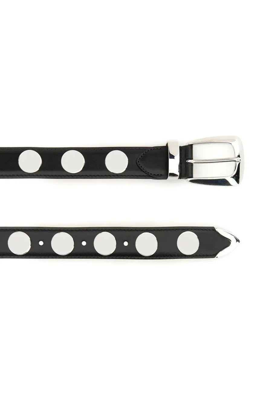 Khaite women’s cintura benny black leather belt with white circular studs and silver toned buckle