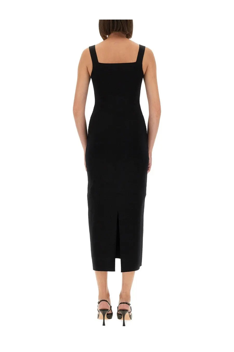 Khaite women’s dixi black sleeveless midi dress with square neckline and front slit in lightweight fabric