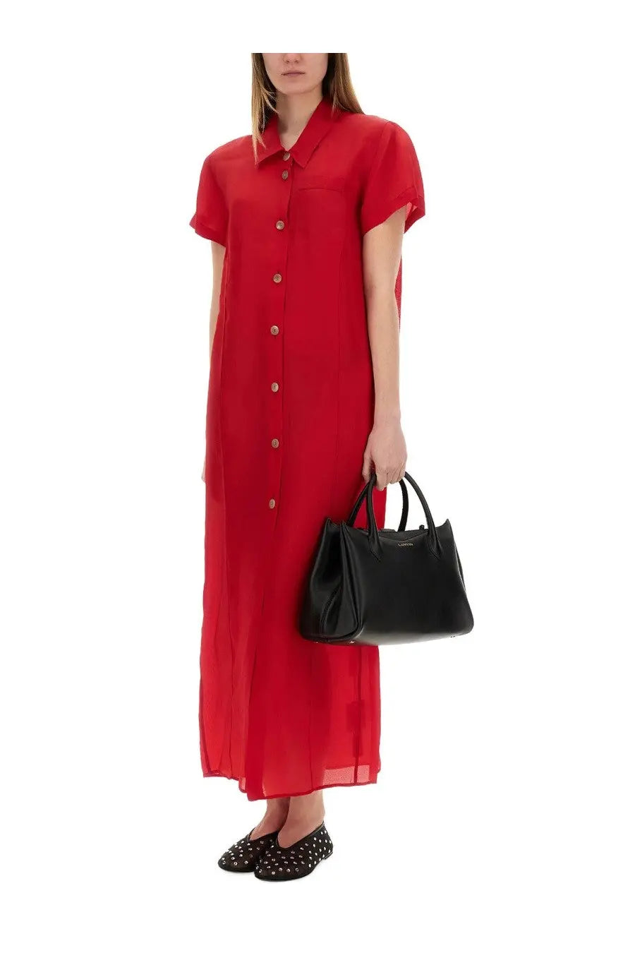Khaite women’s Effy dress red vibrant button-down maxi dress with short sleeves and flowing silhouette