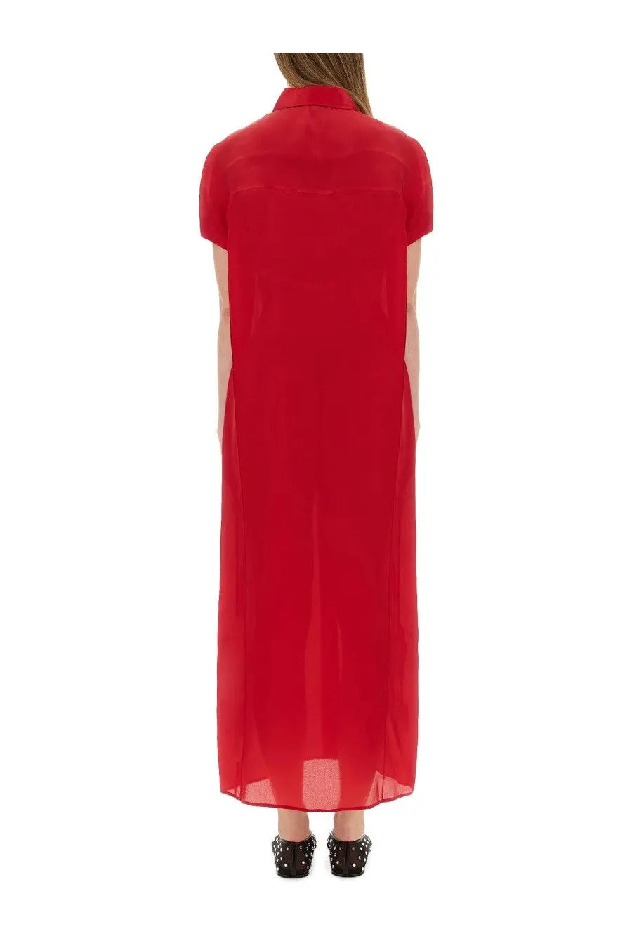 Khaite women’s Effy dress red is a vibrant red semi-sheer long dress with short sleeves and a collar