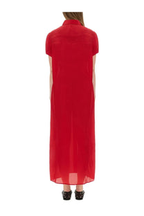 Khaite women’s Effy dress red is a vibrant red semi-sheer long dress with short sleeves and a collar
