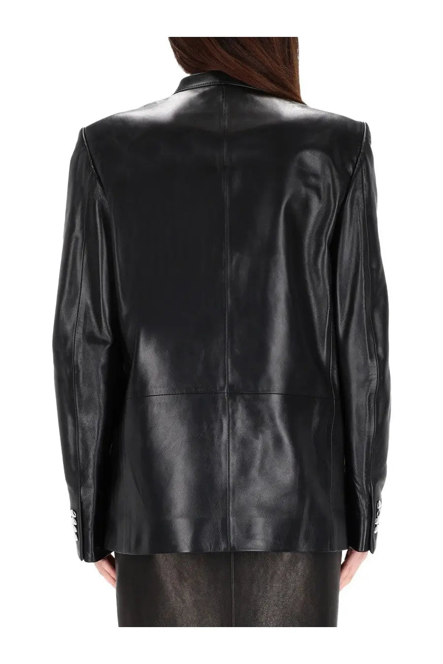 Khaite women’s elona jacket black leather blazer with sleek glossy finish and structured shoulders front view