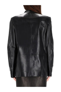 Khaite women’s elona jacket black leather blazer with sleek glossy finish and structured shoulders front view