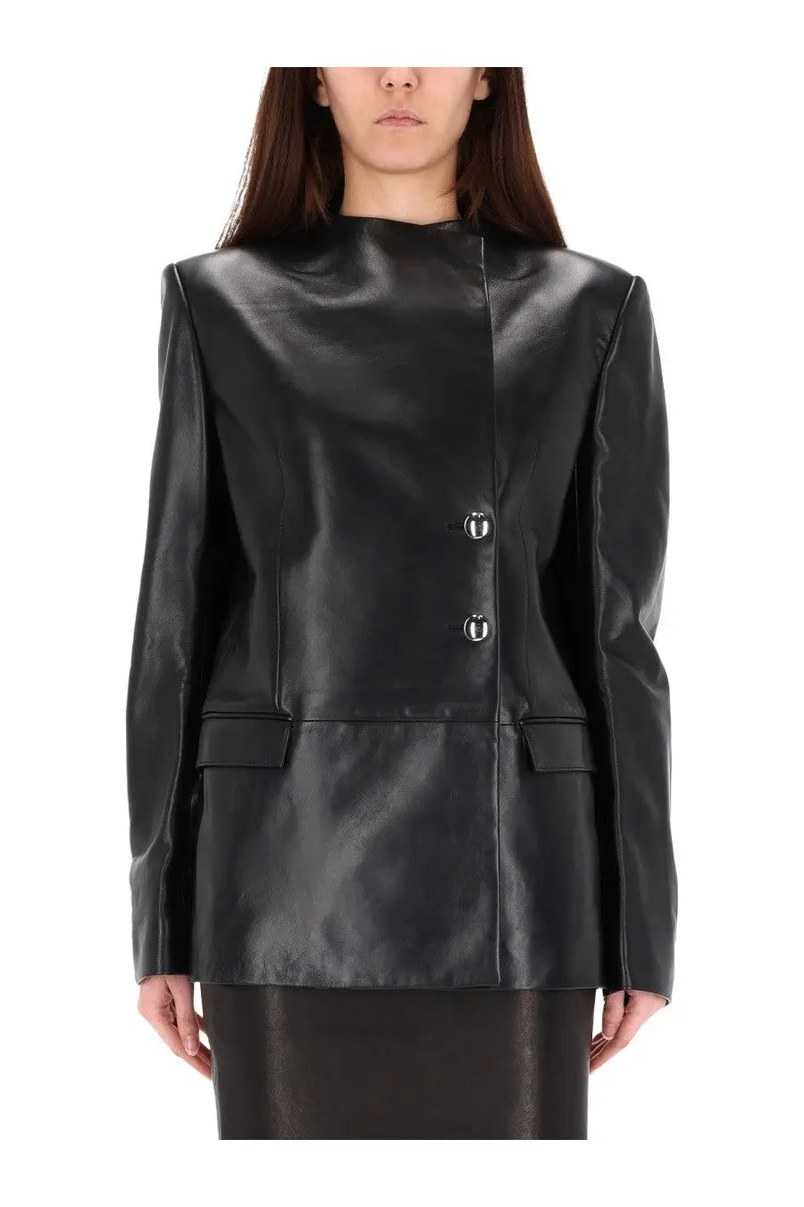 Khaite women’s Elona jacket black leather blazer with sleek structured design and silver toned buttons
