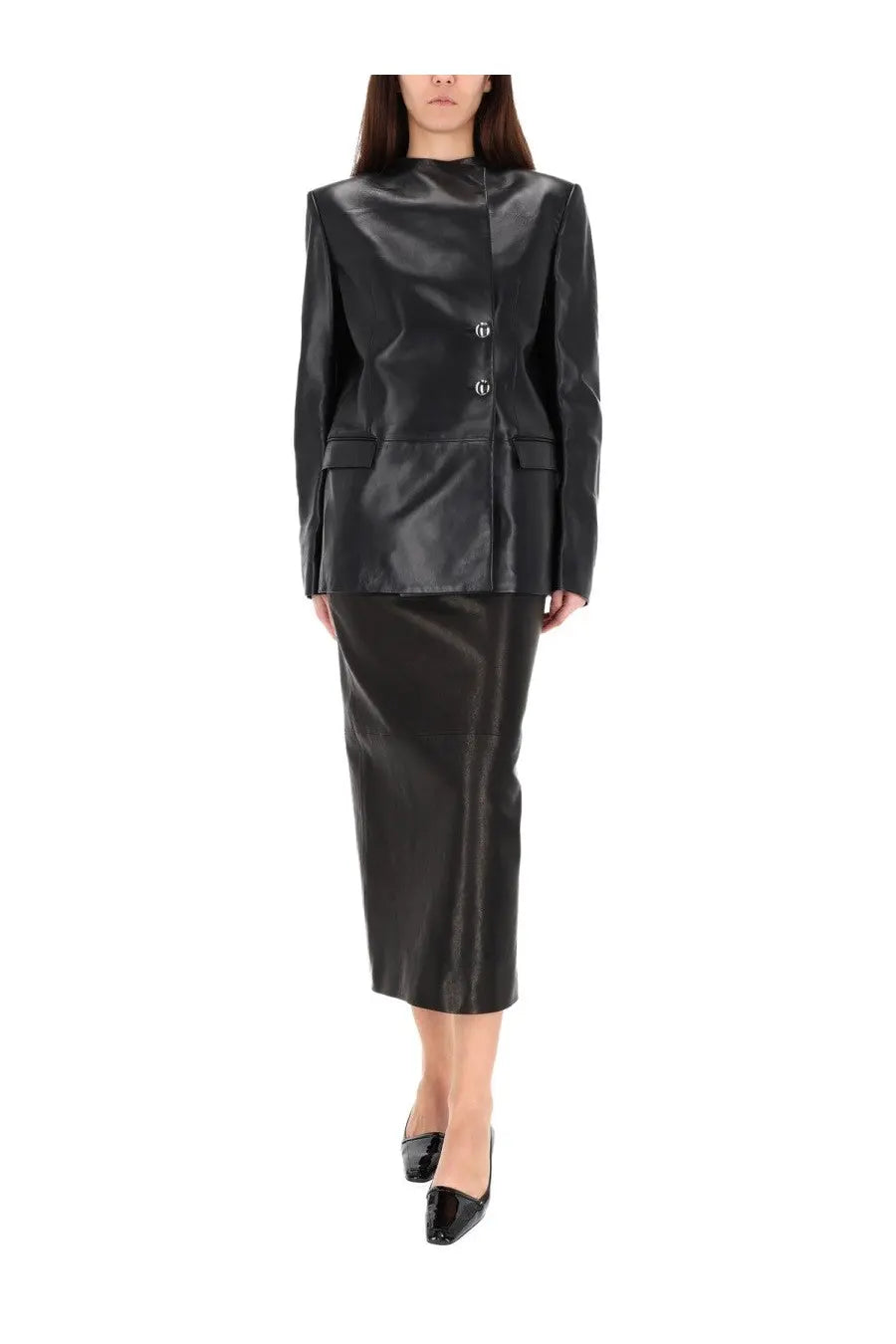 Khaite women’s Elona jacket black patent leather blazer with a structured fit and three-button front closure